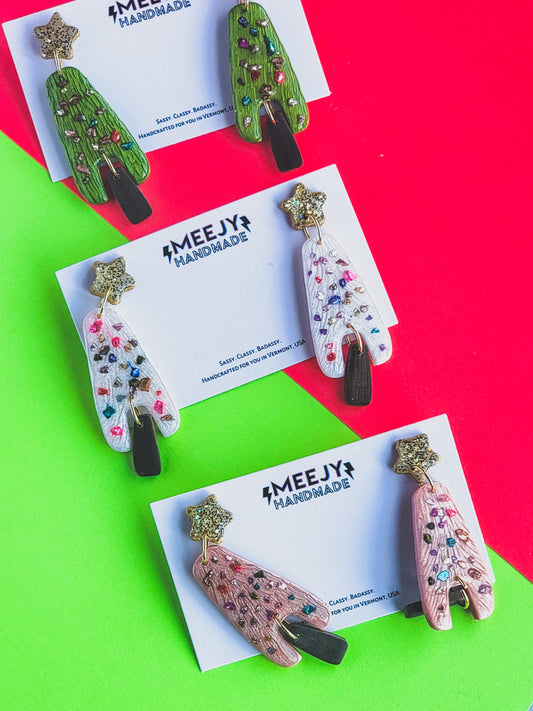 christmas tree dangles, green, white and pink